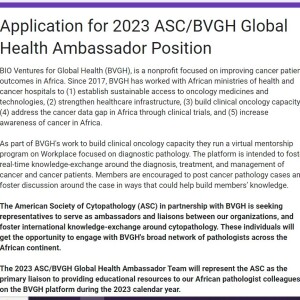 “American Society of Cytopathology/BIO Ventures for Global Health Collaboration and How to Apply to be a Global Health Ambassador”?
