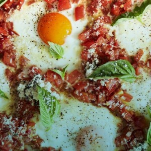 Spring Into Fresh Recipes With Eggs: Bruschetta Sheet Pan Eggs