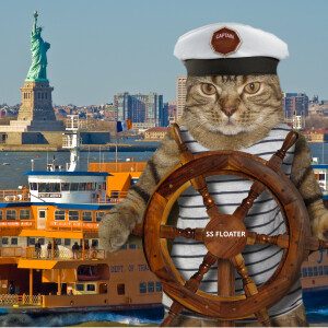 Comedy Cat Podcast. Life with Bucky. Guests: NYC Ferry Captains Claude Arms and Kitty Cameron. Keanu Reeves sends telegram.