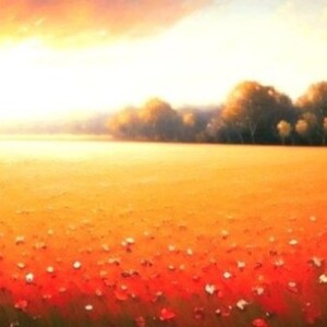 The artist-painter is creating a canvas of a poppy field