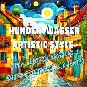 Hundertwasser artistic style: bold colors, organic shapes, natural elements.