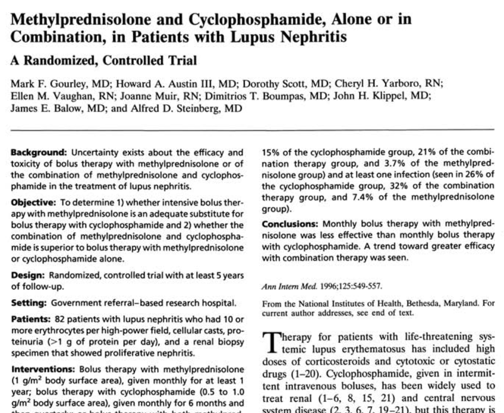 E6: Methylprednisolone and Cyclophosphamide, Alone or in Combinatinon, for Lupus Nephritis