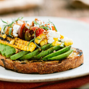 Avocado Toast with Grilled Corn, Tomato and Shoyu Balsamic Glaze