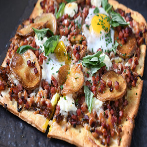 Breakfast Flatbread with Diced Ham, Eggs, Cheddar and Roasted Potatoes