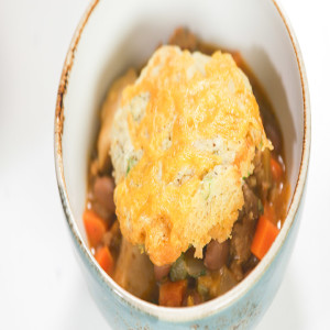 Chicken, Pinto Bean, and Chorizo Pot Pie with Cheddar Scallion Biscuits