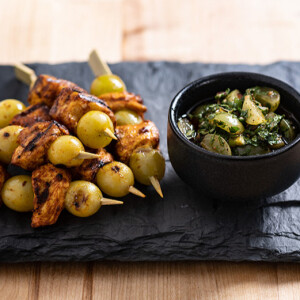 Chimichurri Chicken and Green Grape Skewers with Green Grape Chimichurri Sauce