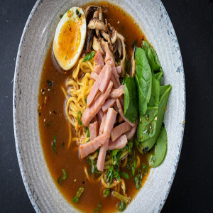 Spicy Ham Ramen: Pork Broth, Shiitake, Ham, and a Soft-Boiled Egg