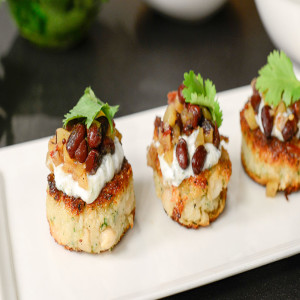 Indian Spiced Cauliflower and White Bean Patties with Pickled Black Bean and Mango Chutney and Cucumber Yogurt Sauce