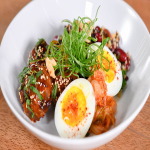 Korean Kidney Bean and Multi-Grain Bowl, with Gochujang Meatballs and a Poached Egg