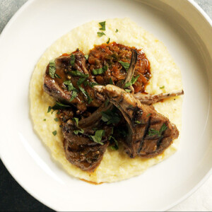 Grilled Lamb Chops with Watermelon Molasses, Sofrito and Polenta