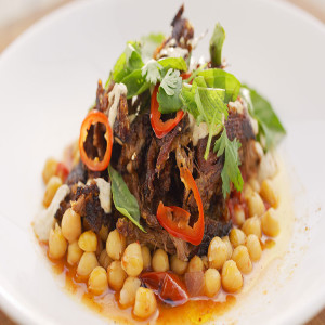 BBQ Pulled American Lamb Shoulder with Braised Chickpeas and Spiced Yogurt