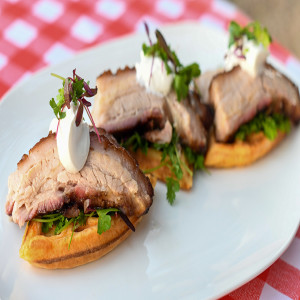 Maple Ginger Belly with Sweet Potato Waffle and Maple Cream