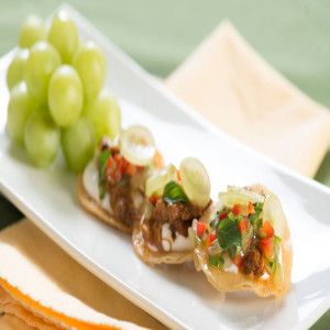 Mini Tostadas with Ancho Chile Chicken and Spicy Green Grape Salsa
