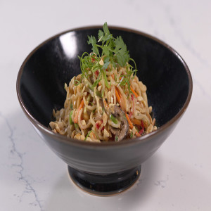 Spicy Peanut Ramen Salad with Pickled Vegetables, Edamame, and Shiitakes