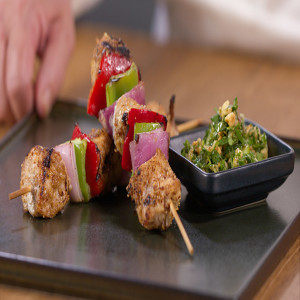 Peanut Crusted Chicken and Vegetable Suya Skewers with Peanut Cilantro Relish
