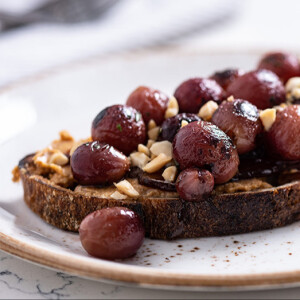 Peanut Butter Toast with Maple-Pepper Bacon and Caramelized Red Grapes