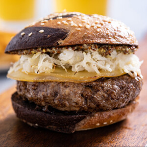 Hot “Pastrami” and Smoked Gouda Burger on Marbled Rye Bun