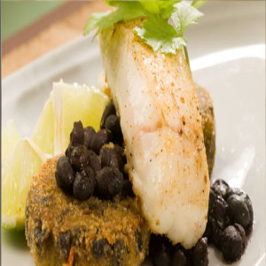 Roasted Halibut with Spicy Black Bean Cakes