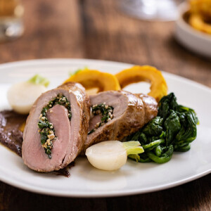 Veal Roulade with Tapenade Coulis, Squash and Turnips