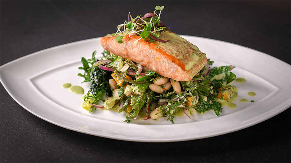 Seared Salmon with White Beans, Squash and Greens with Green Tea Dressing