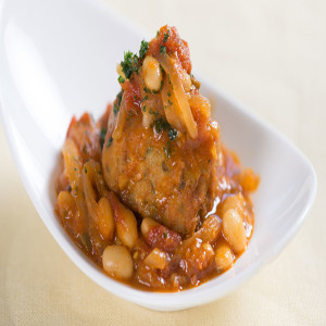 Stuffed Olives Braised in Spicy Tomato Sauce with White Beans