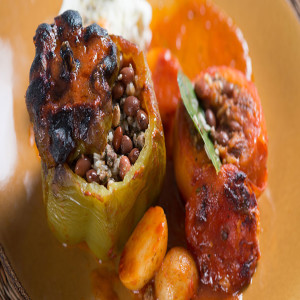Greek Stuffed Peppers with Beans, Lamb, Rice and Herbs