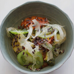 Grilled Zucchini with Heritage Tomatoes and Peas at Tendril Restaurant, London