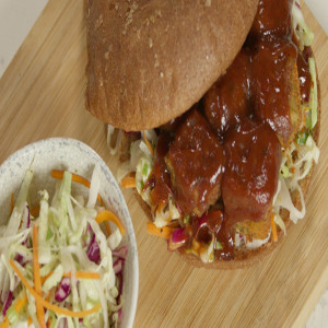 Crispy Tofu Bites Sandwich with Spicy BBQ Sauce and Southern Slaw