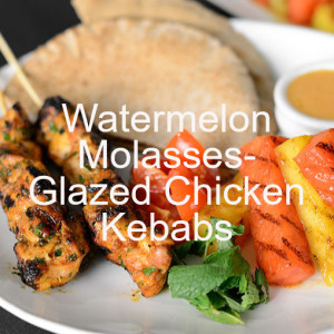 Chicken Kebabs Glazed with Watermelon Molasses, Served with Grilled Watermelon