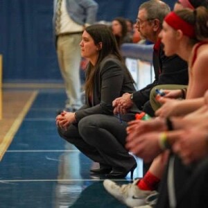 Dan Tortora with Caitlin Hadzimichalis, King’s College Monarchs Women’s Basketball Head Coach, during 2022-23 Season