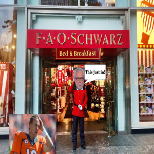 FAO Schwarz slumber party, Tim's five magic words, and he has a demand for Peyton Manning or Wolf Blitzer