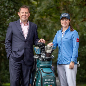 Pro golfer Leona Maguire and KPMG's Seamus Hand in conversation with RTE's Jacqui Hurley