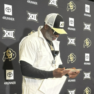 Coach Prime, QB Shedeur Sanders & S Shilo Sanders at CU Fall Sports Media Day event