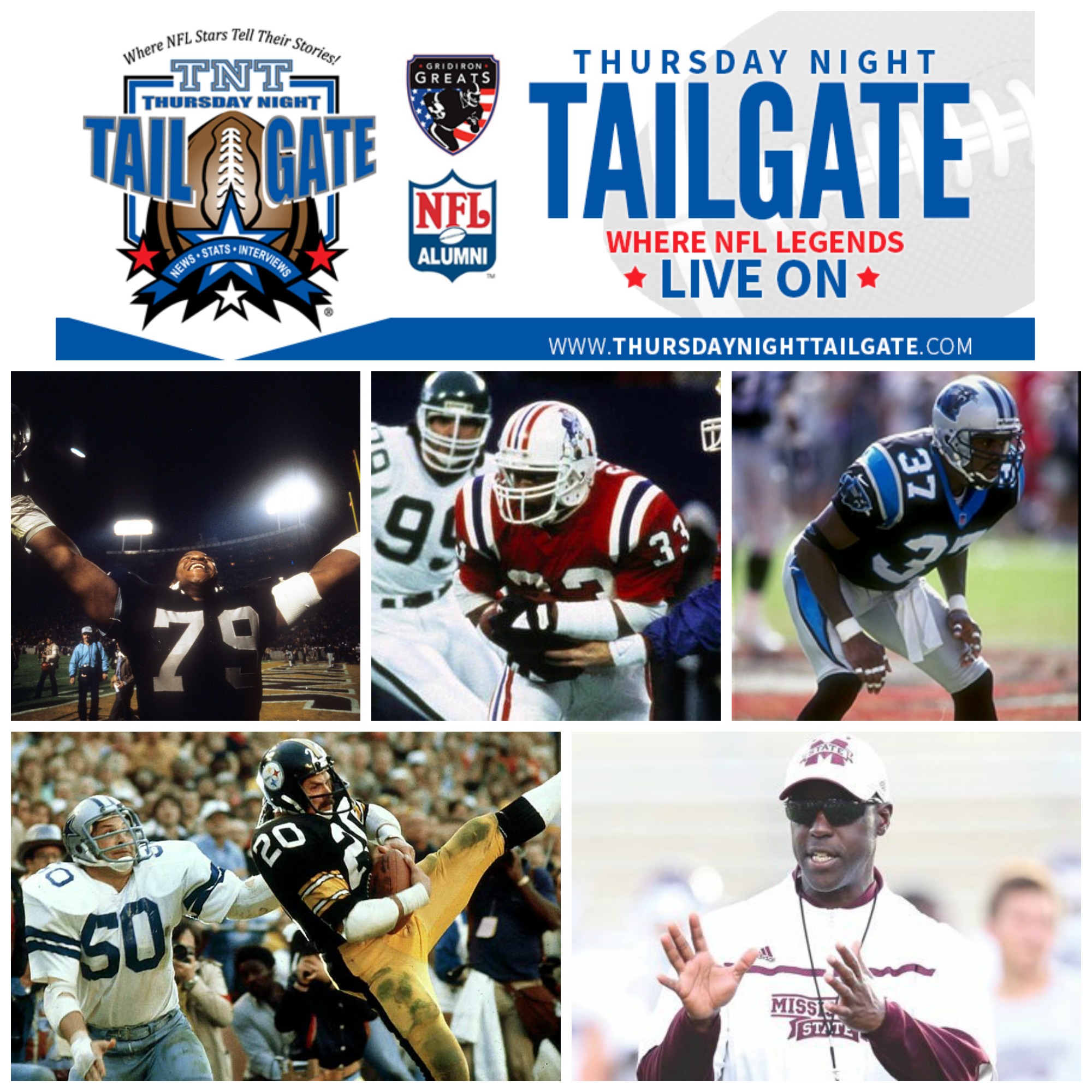 NFL Legends Bruce Davis, Tony Collins, Leonard Wheeler, Rocky Bleier and Mississippi State Defensive Line Coach Brian Baker join us on Thursday Night Tailgate.