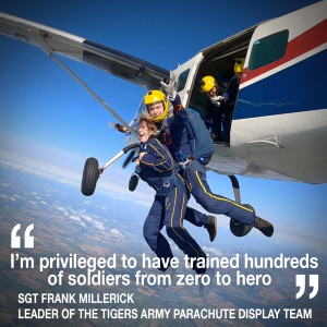 Helen skydives with Sgt Frank Millerick – leader of The Tigers Army Parachute Display Team