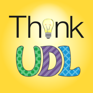 Yellow background with the text "Think UDL" on it, the i being a lightbulb