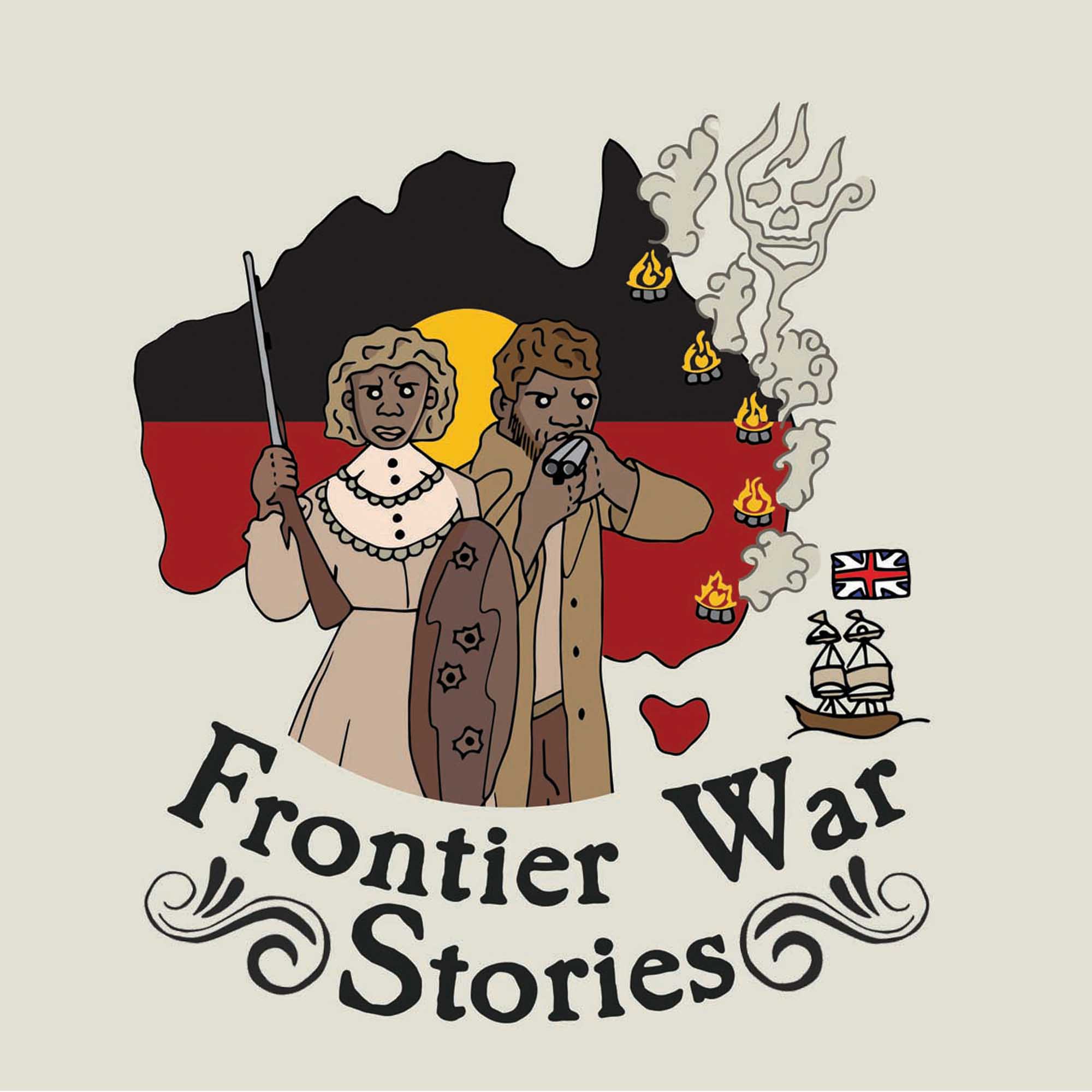 Frontier War Stories image featuring map of Australia in Indigenous colors with male and female figures in front.